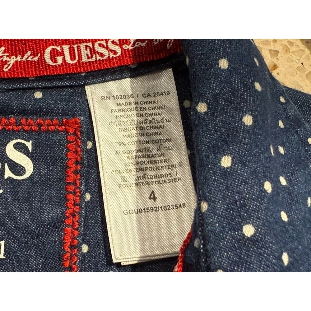 Girls Size 4 GUESS Polka Dot Blue Denim Red Button‎ Short Sleeve Dress Cowgirl